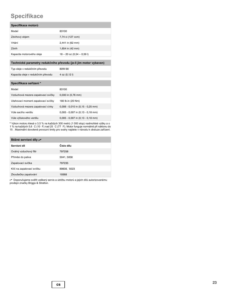 Specifikace, 23 cs | Briggs & Stratton I/C INTEC PRO 83100 User Manual | Page 23 / 84