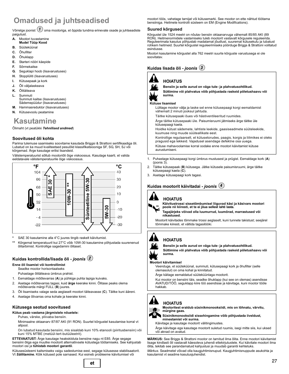 Omadused ja juhtseadised, Kasutamine, F °c | Briggs & Stratton I/C INTEC PRO 83100 User Manual | Page 27 / 84