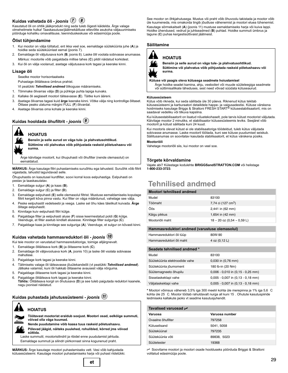 Tehnilised andmed, 29 et | Briggs & Stratton I/C INTEC PRO 83100 User Manual | Page 29 / 84