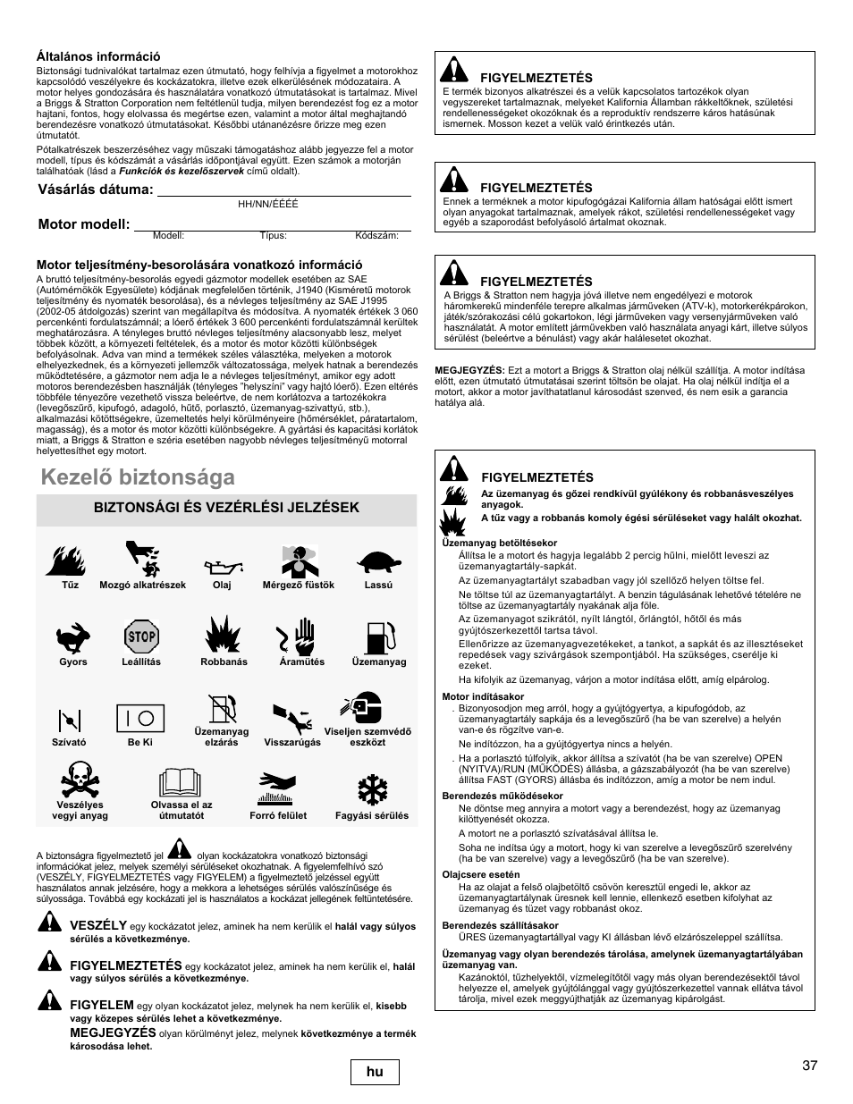 Kezelõ biztonsága, 37 hu, Vásárlás dátuma: motor modell | Biztonsági és vezérlési jelzések | Briggs & Stratton I/C INTEC PRO 83100 User Manual | Page 37 / 84