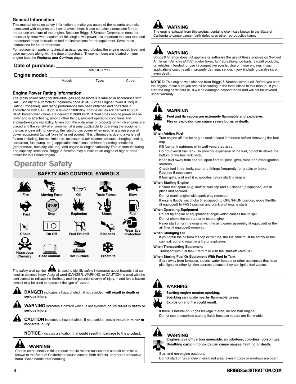 Operator safety, Date of purchase: engine model, Safety and control symbols | Briggs & Stratton I/C INTEC PRO 83100 User Manual | Page 4 / 84