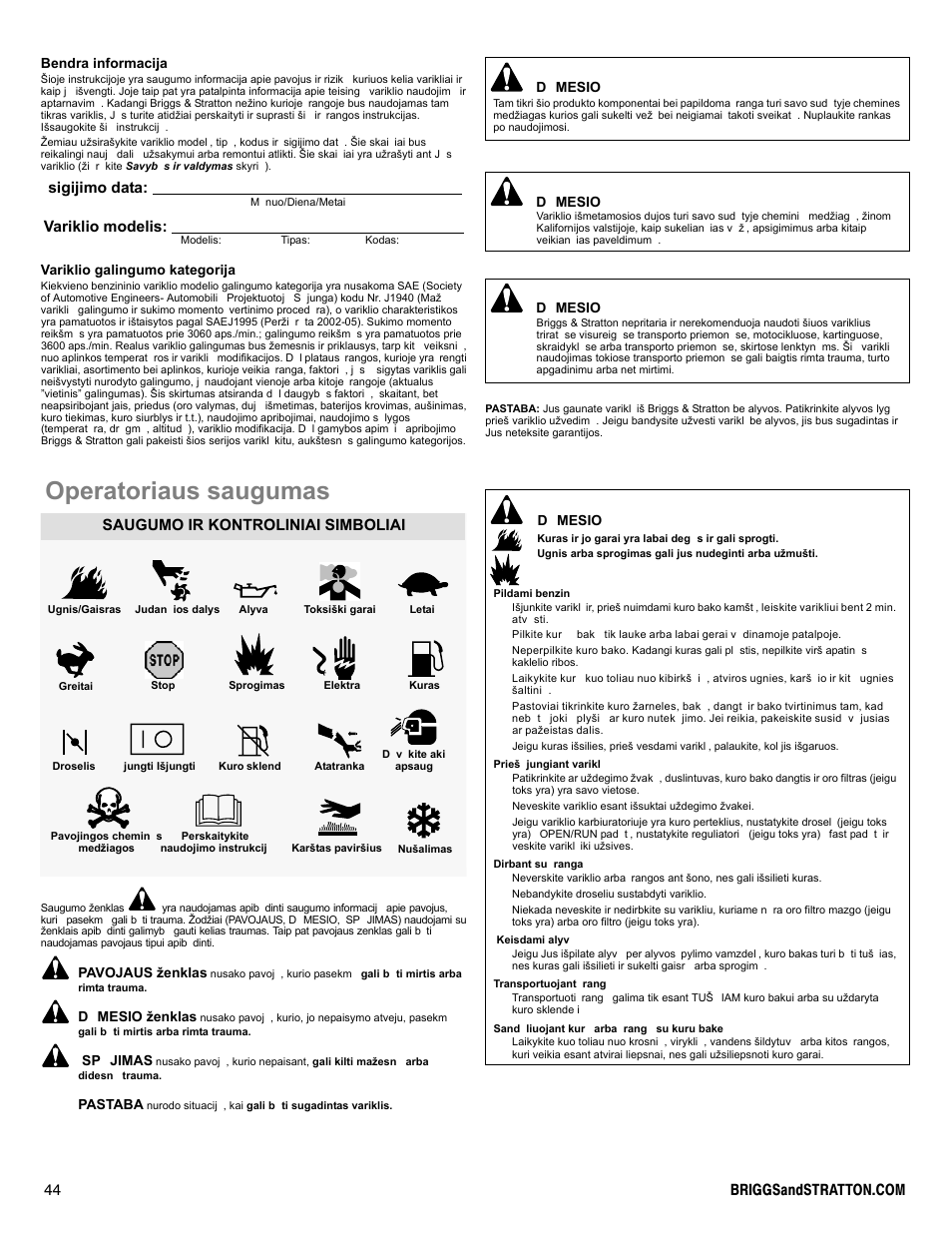 Operatoriaus saugumas, Sigijimo data: variklio modelis, Saugumo ir kontroliniai simboliai | Briggs & Stratton I/C INTEC PRO 83100 User Manual | Page 44 / 84