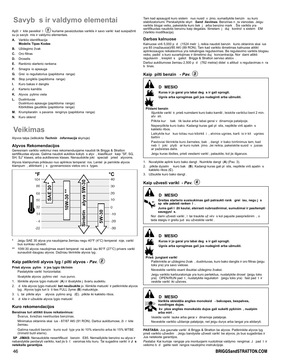 Savyb s ir valdymo elementai, Veikimas, F °c | Briggs & Stratton I/C INTEC PRO 83100 User Manual | Page 46 / 84