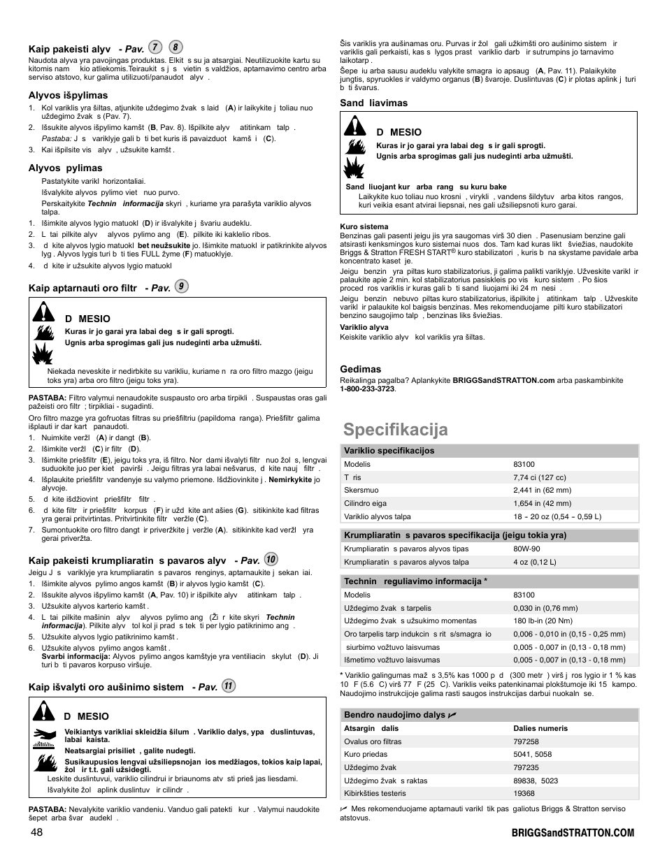 Specifikacija | Briggs & Stratton I/C INTEC PRO 83100 User Manual | Page 48 / 84