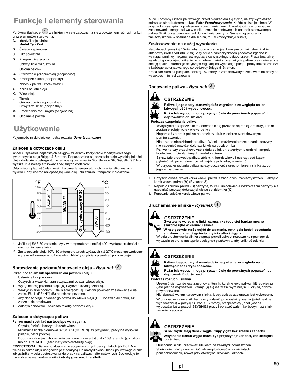 Funkcje i elementy sterowania, U¿ytkowanie, F ° c | 59 pl | Briggs & Stratton I/C INTEC PRO 83100 User Manual | Page 59 / 84
