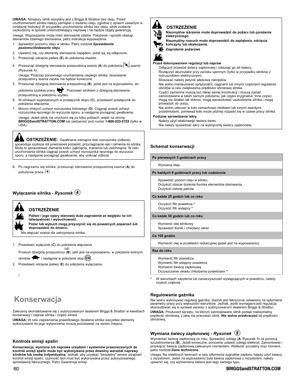 Konserwacja, Ostrze¯enie, Wy³¹czanie silnika - rysunek 4 ostrze¯enie | Kontrola emisji spalin, Schemat konserwacji, Regulowanie gaÿnika, Wymiana œwiecy zap³onowej - rysunek 5 | Briggs & Stratton I/C INTEC PRO 83100 User Manual | Page 60 / 84