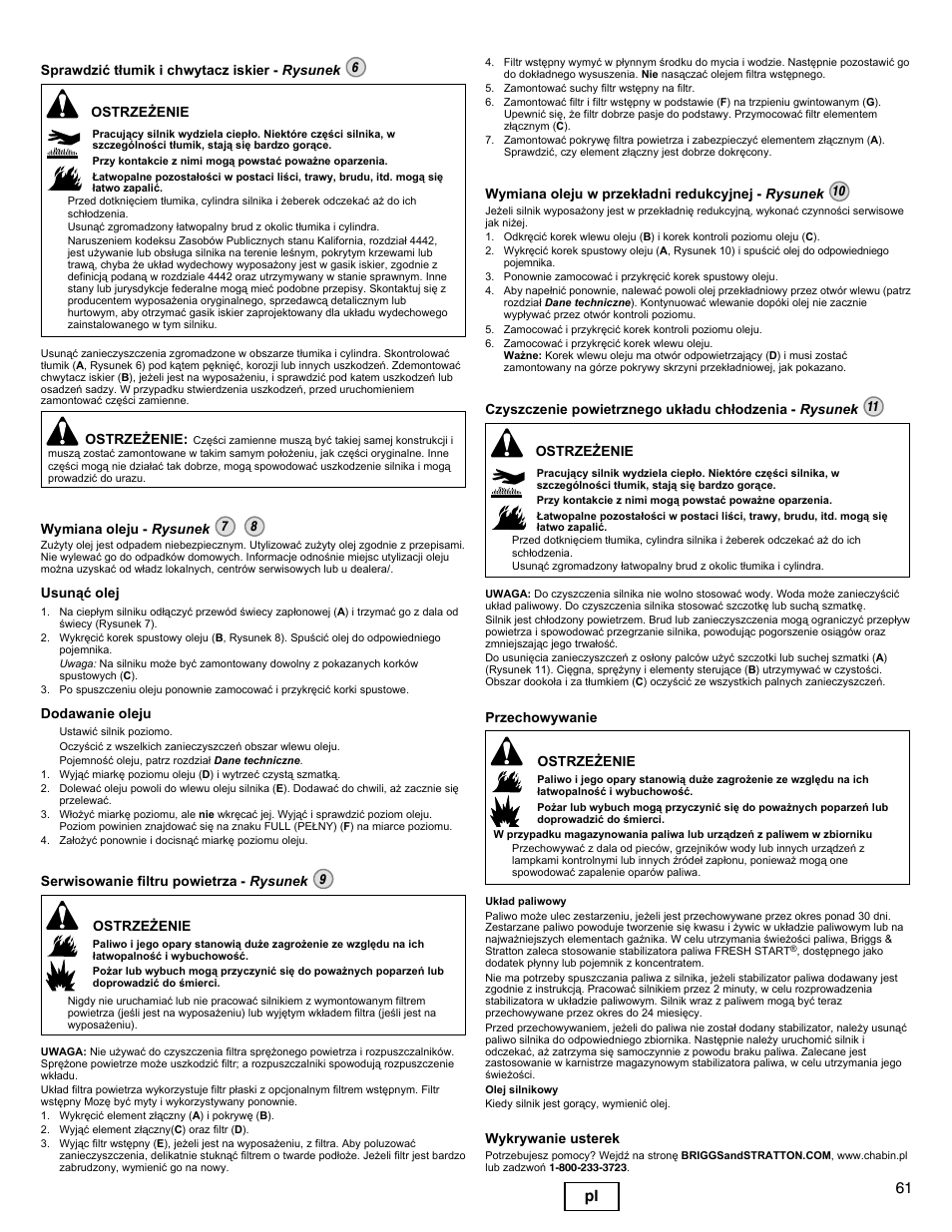 61 pl, Sprawdziæ t³umik i chwytacz iskier - rysunek 6, Ostrze¯enie | Wymiana oleju - rysunek 7 8, Usun¹æ olej, Dodawanie oleju, Przechowywanie ostrze¯enie, Wykrywanie usterek | Briggs & Stratton I/C INTEC PRO 83100 User Manual | Page 61 / 84