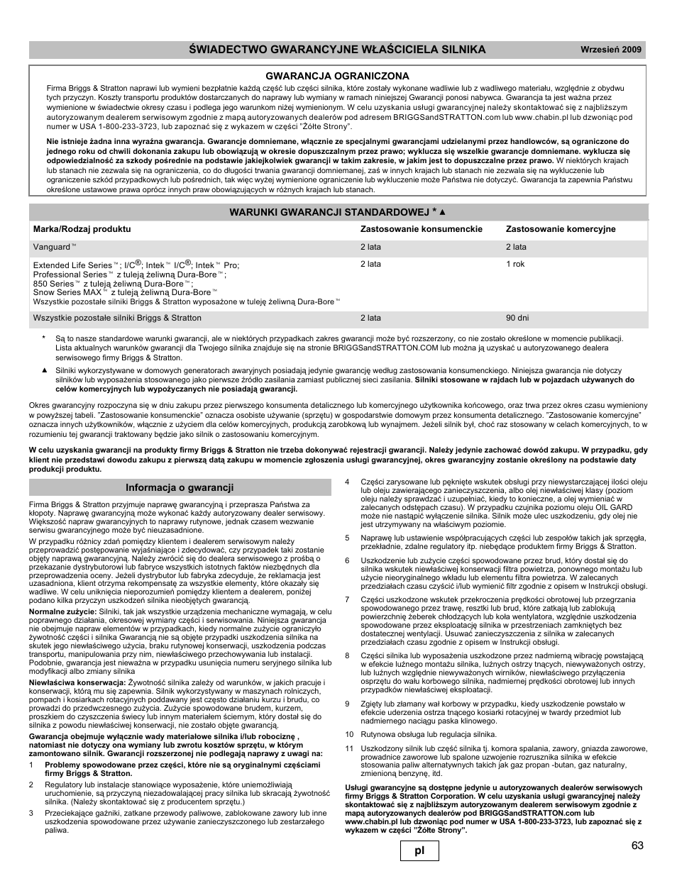 63 pl œwiadectwo gwarancyjne w£aœciciela silnika, Informacja o gwarancji | Briggs & Stratton I/C INTEC PRO 83100 User Manual | Page 63 / 84