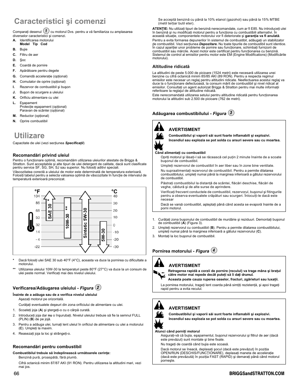 Caracteristici ºi comenzi, Utilizare, F ° c | Briggs & Stratton I/C INTEC PRO 83100 User Manual | Page 66 / 84