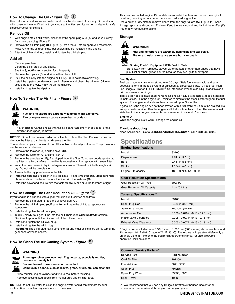 Specifications | Briggs & Stratton I/C INTEC PRO 83100 User Manual | Page 8 / 84