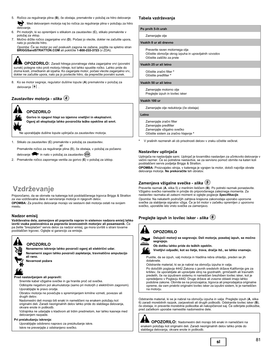 Vzdrževanje, 81 sl | Briggs & Stratton I/C INTEC PRO 83100 User Manual | Page 81 / 84