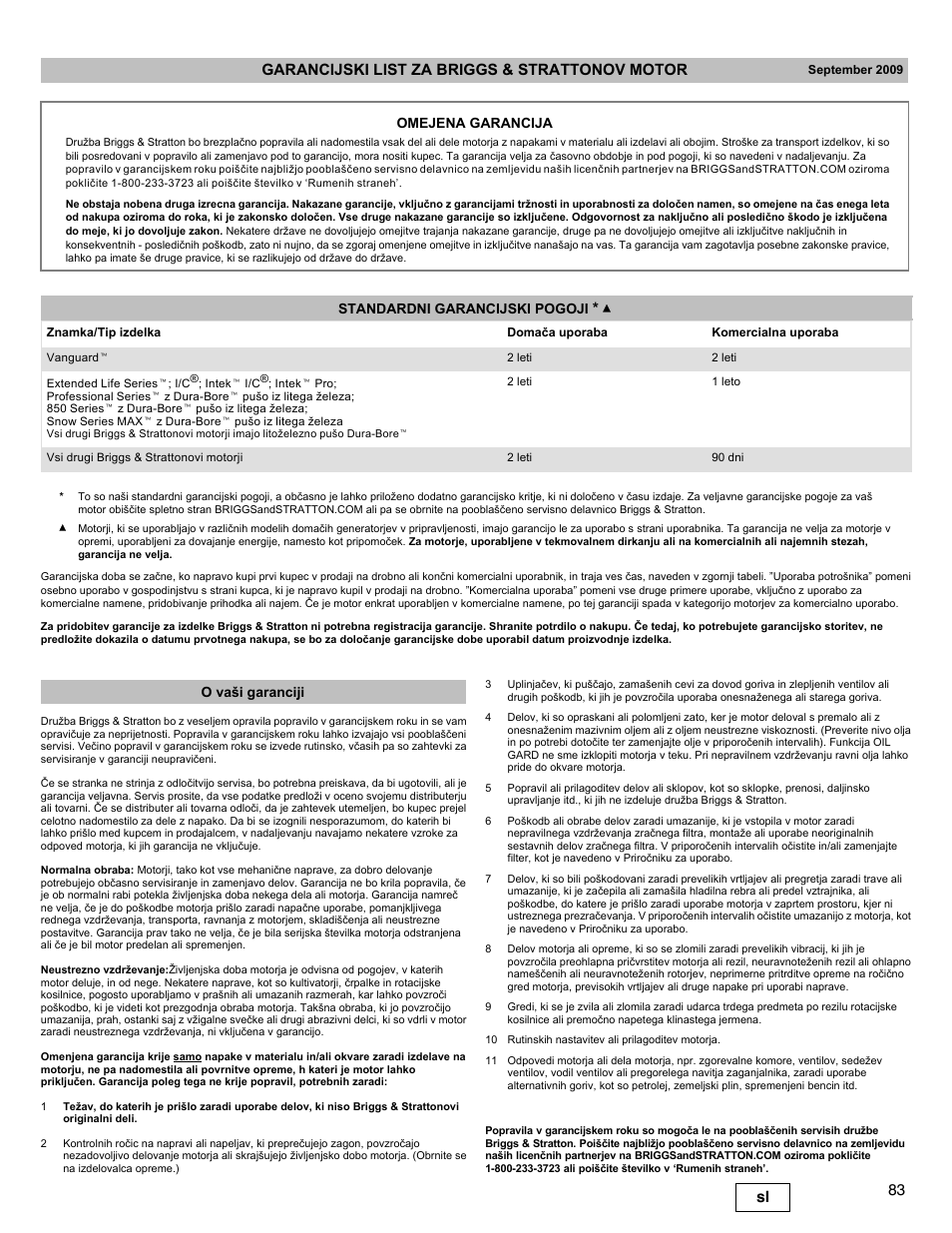 Omejena garancija standardni garancijski pogoji, O vaši garanciji | Briggs & Stratton I/C INTEC PRO 83100 User Manual | Page 83 / 84