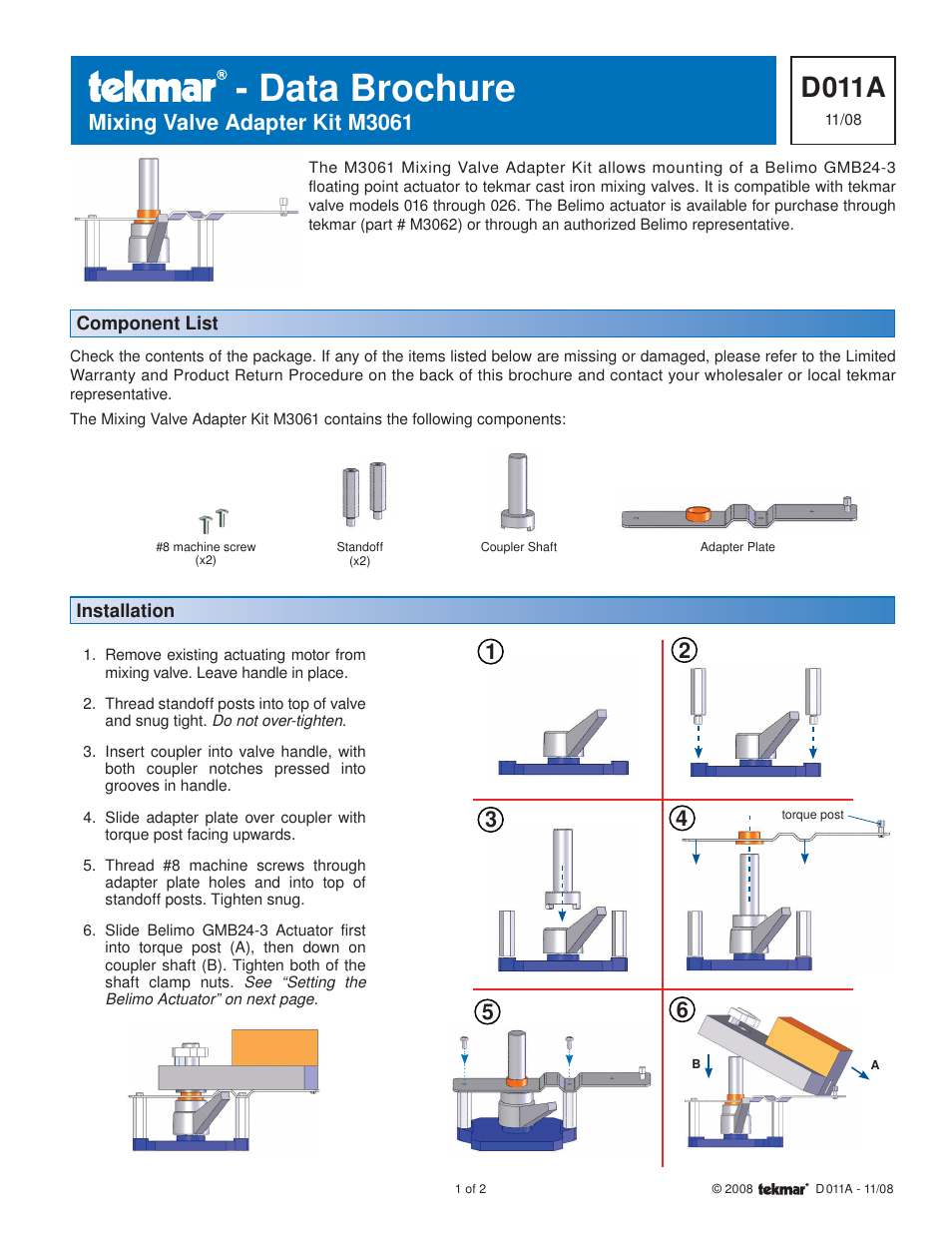 tekmar M3061 Mixing Valve Adapter Kit User Manual | 2 pages