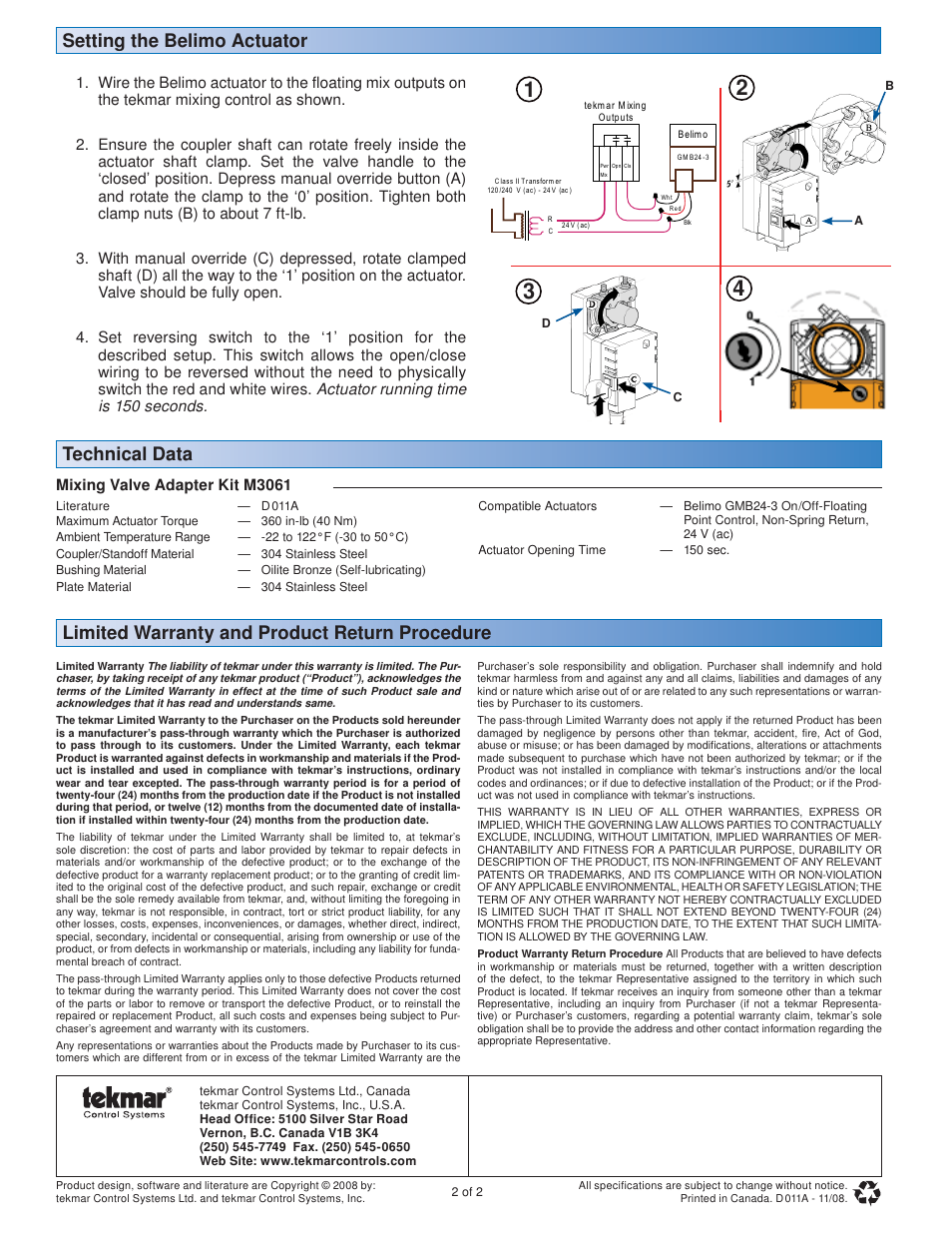 Limited warranty and product return procedure, Technical data, Setting the belimo actuator | tekmar M3061 Mixing Valve Adapter Kit User Manual | Page 2 / 2