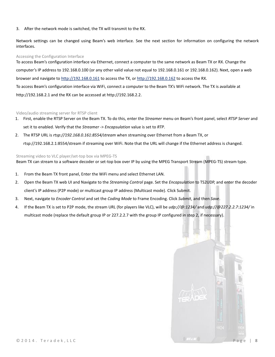 Accessing the configuration interface, Video/audio streaming server for rtsp client | Teradek Beam User Manual | Page 10 / 29