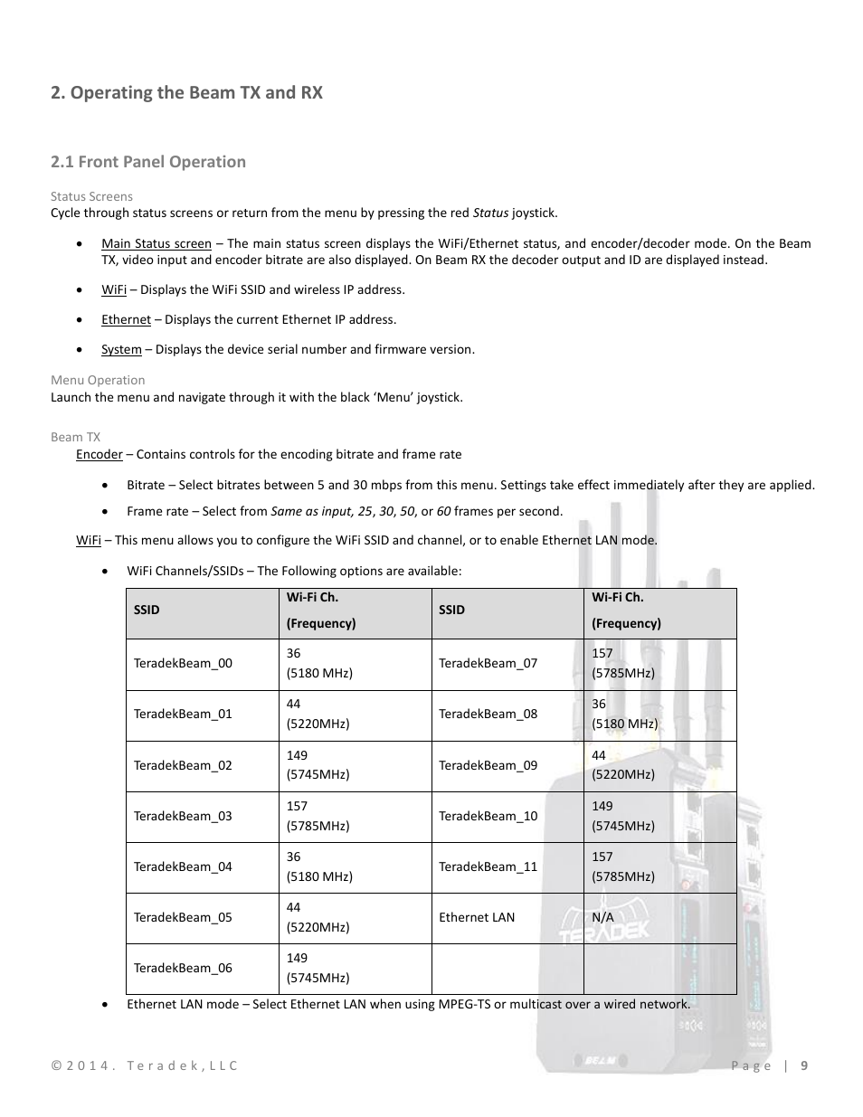 Operating the beam tx and rx, 1 front panel operation, Status screens | Menu operation, Beam tx | Teradek Beam User Manual | Page 11 / 29