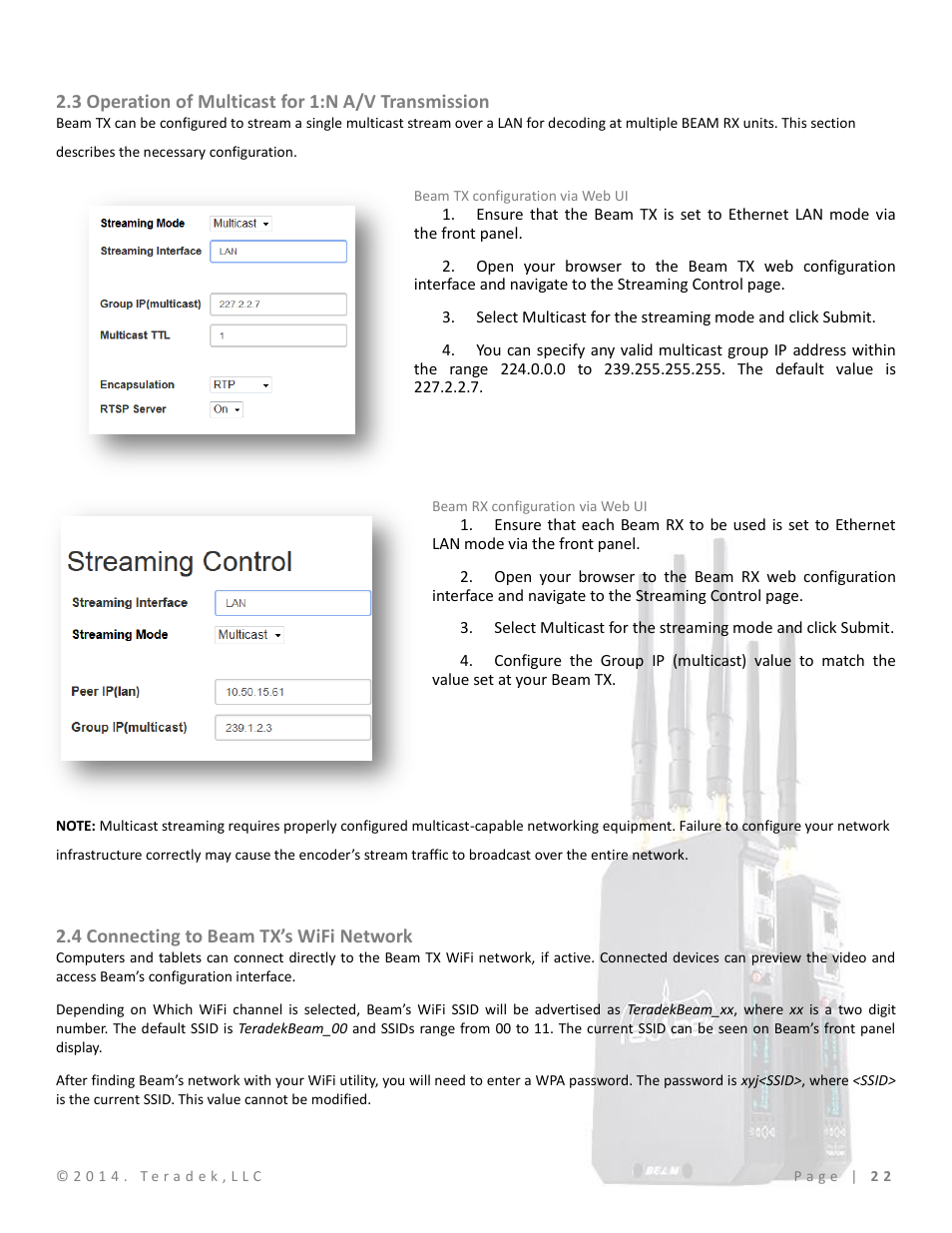 3 operation of multicast for 1:n a/v transmission, Beam tx configuration via web ui, Beam rx configuration via web ui | 4 connecting to beam tx’s wifi network | Teradek Beam User Manual | Page 24 / 29