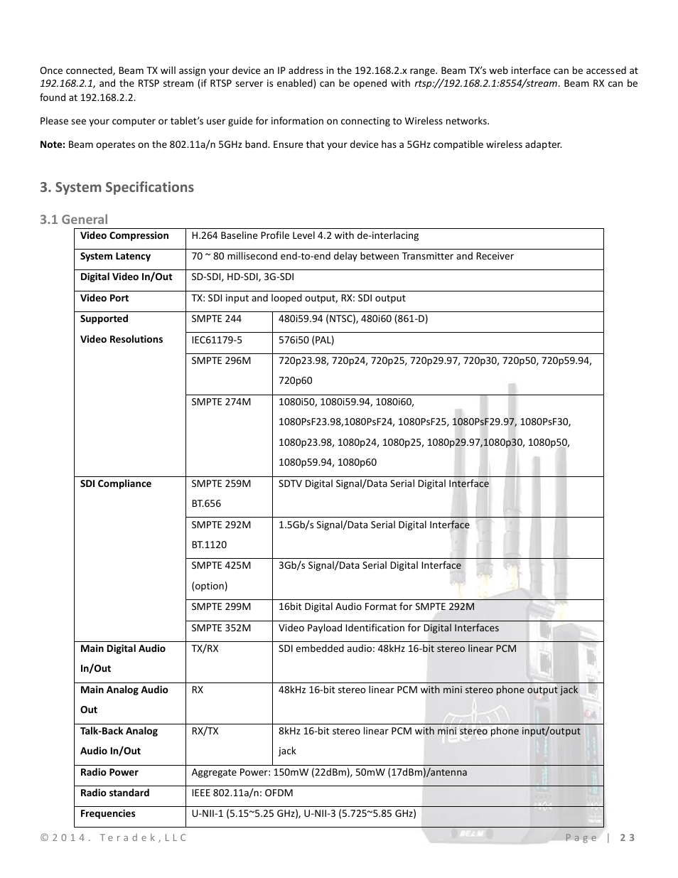 System specifications, 1 general | Teradek Beam User Manual | Page 25 / 29