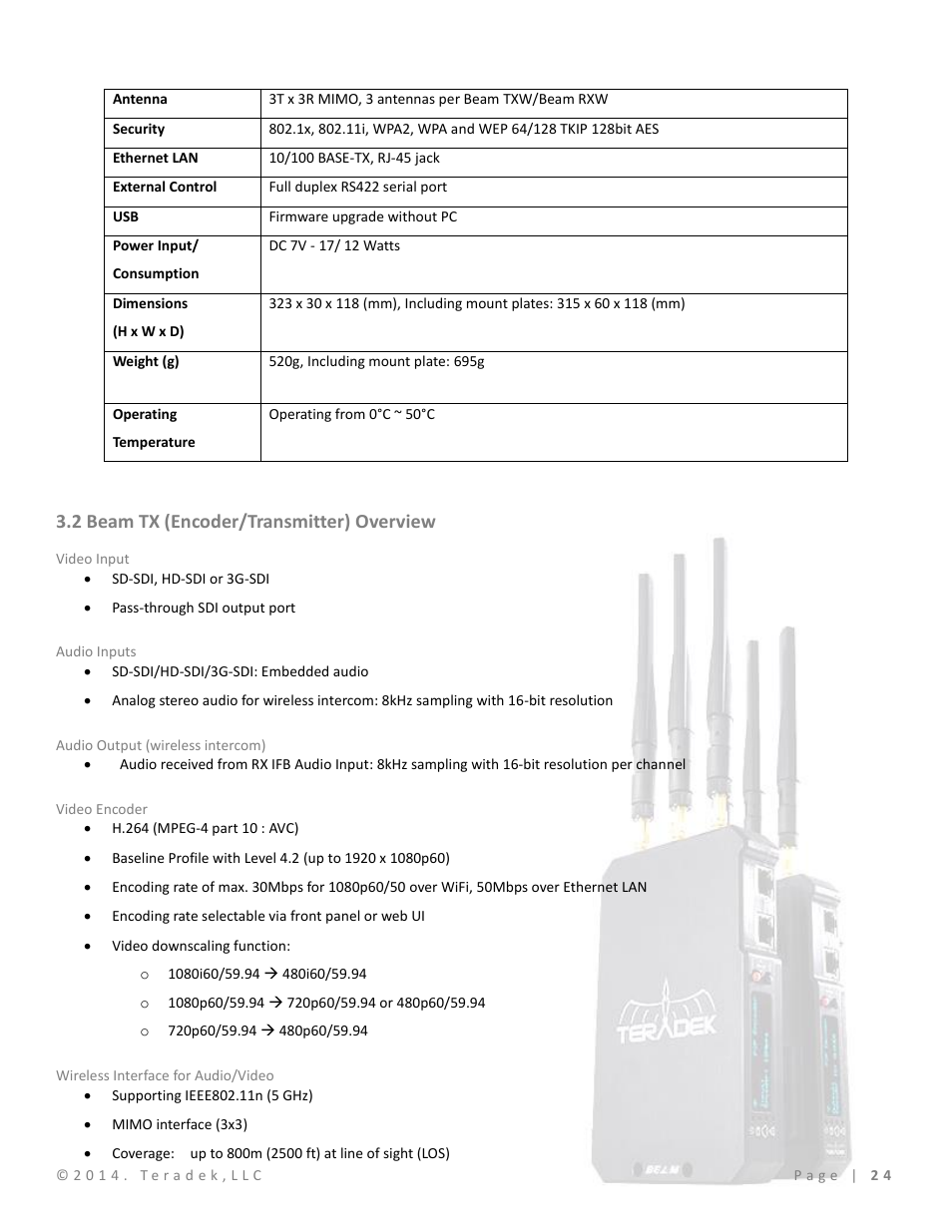 2 beam tx (encoder/transmitter) overview, Video input, Audio inputs | Audio output (wireless intercom), Video encoder, Wireless interface for audio/video | Teradek Beam User Manual | Page 26 / 29