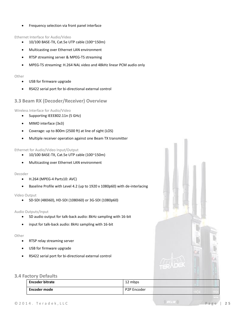 Ethernet interface for audio/video, Other, 3 beam rx (decoder/receiver) overview | Wireless interface for audio/video, Ethernet for audio/video input/output, Decoder, Video output, Audio outputs/input, 4 factory defaults | Teradek Beam User Manual | Page 27 / 29