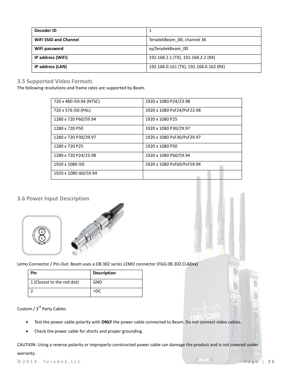 5 supported video formats, 6 power input description | Teradek Beam User Manual | Page 28 / 29