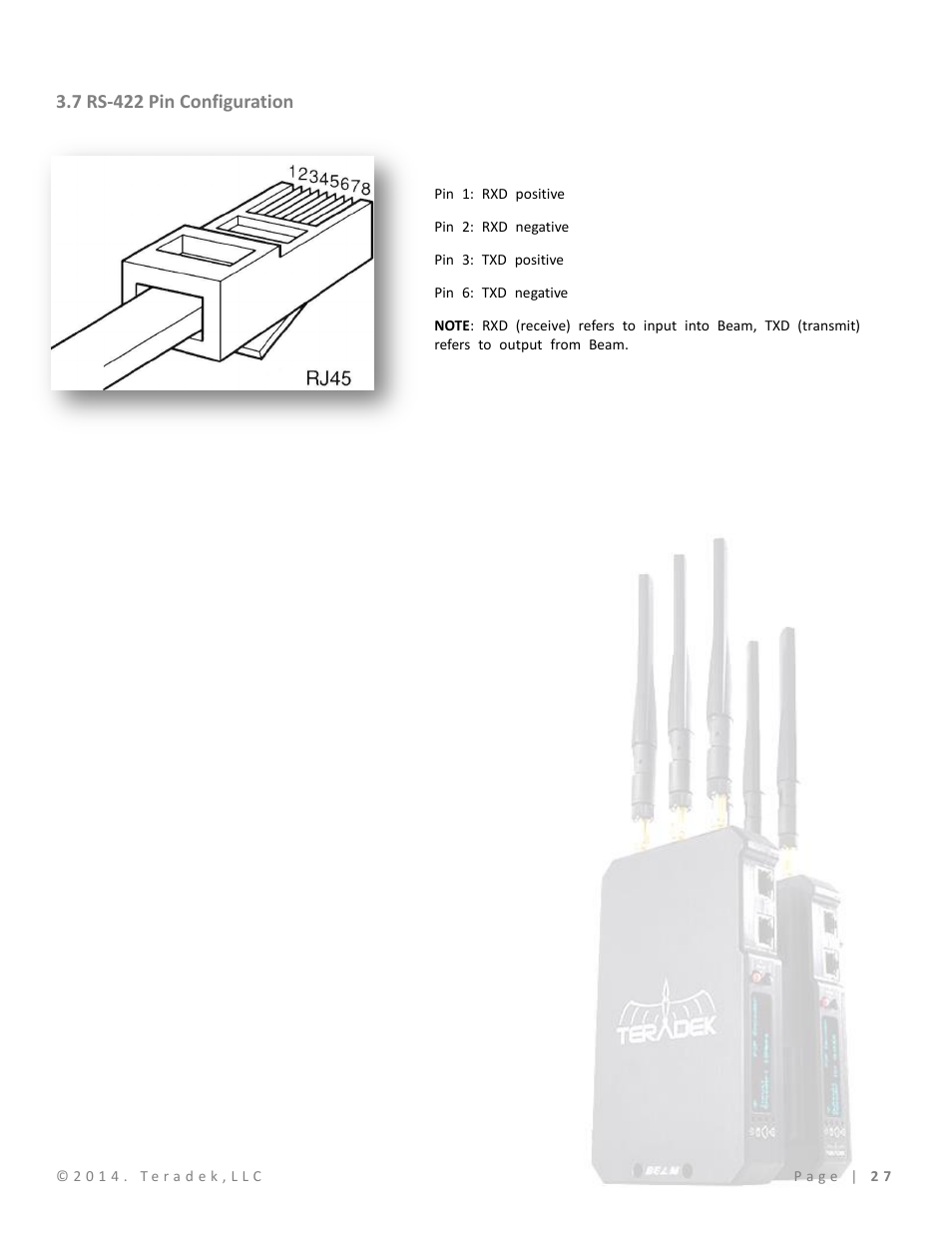 7 rs-422 pin configuration | Teradek Beam User Manual | Page 29 / 29