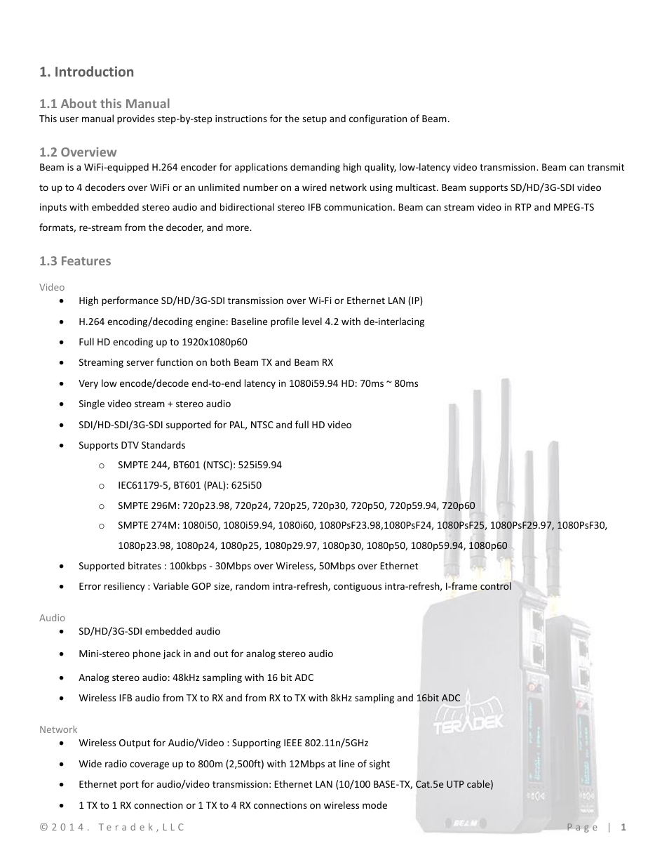 Introduction, 1 about this manual, 2 overview | 3 features, Video, Audio, Network | Teradek Beam User Manual | Page 3 / 29