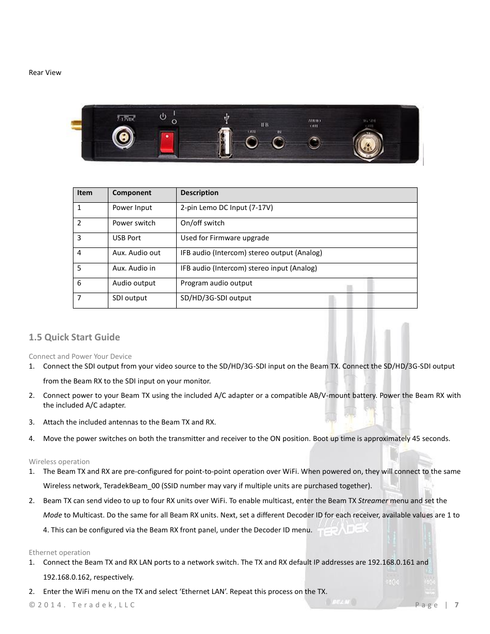 5 quick start guide, Connect and power your device, Wireless operation | Ethernet operation | Teradek Beam User Manual | Page 9 / 29