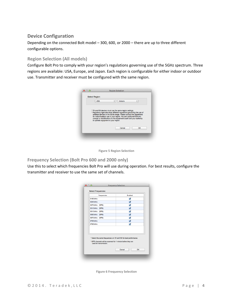 Device configuration, Region selection (all models), Frequency selection (bolt pro 600 and 2000 only) | Teradek Bolt Manager Software User Manual | Page 4 / 6