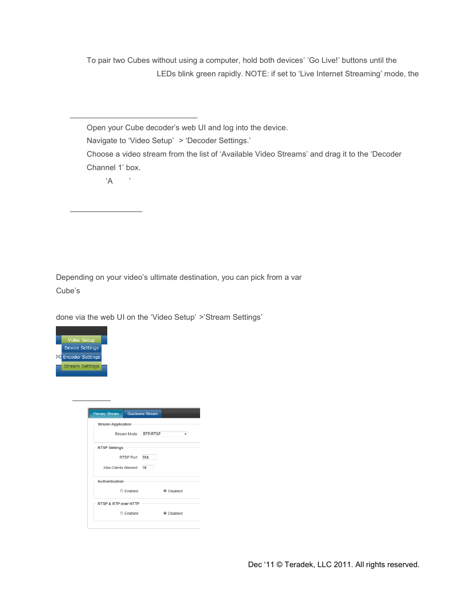 Switching between available streams, Manual configuration, Stream modes | Rtp/rtsp | Teradek Cube Reference Guide User Manual | Page 15 / 40