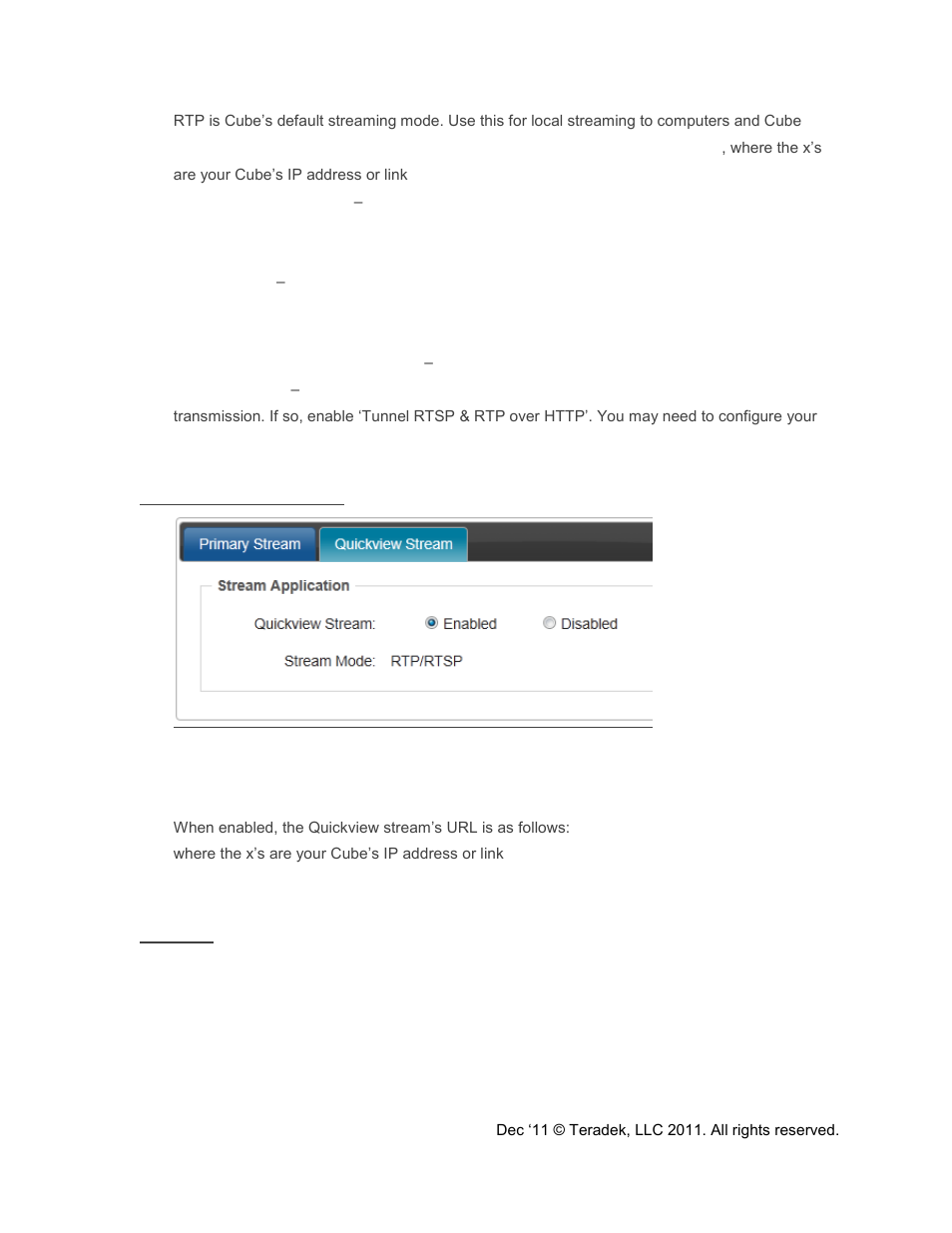 Secondary quickview stream, Http live | Teradek Cube Reference Guide User Manual | Page 16 / 40