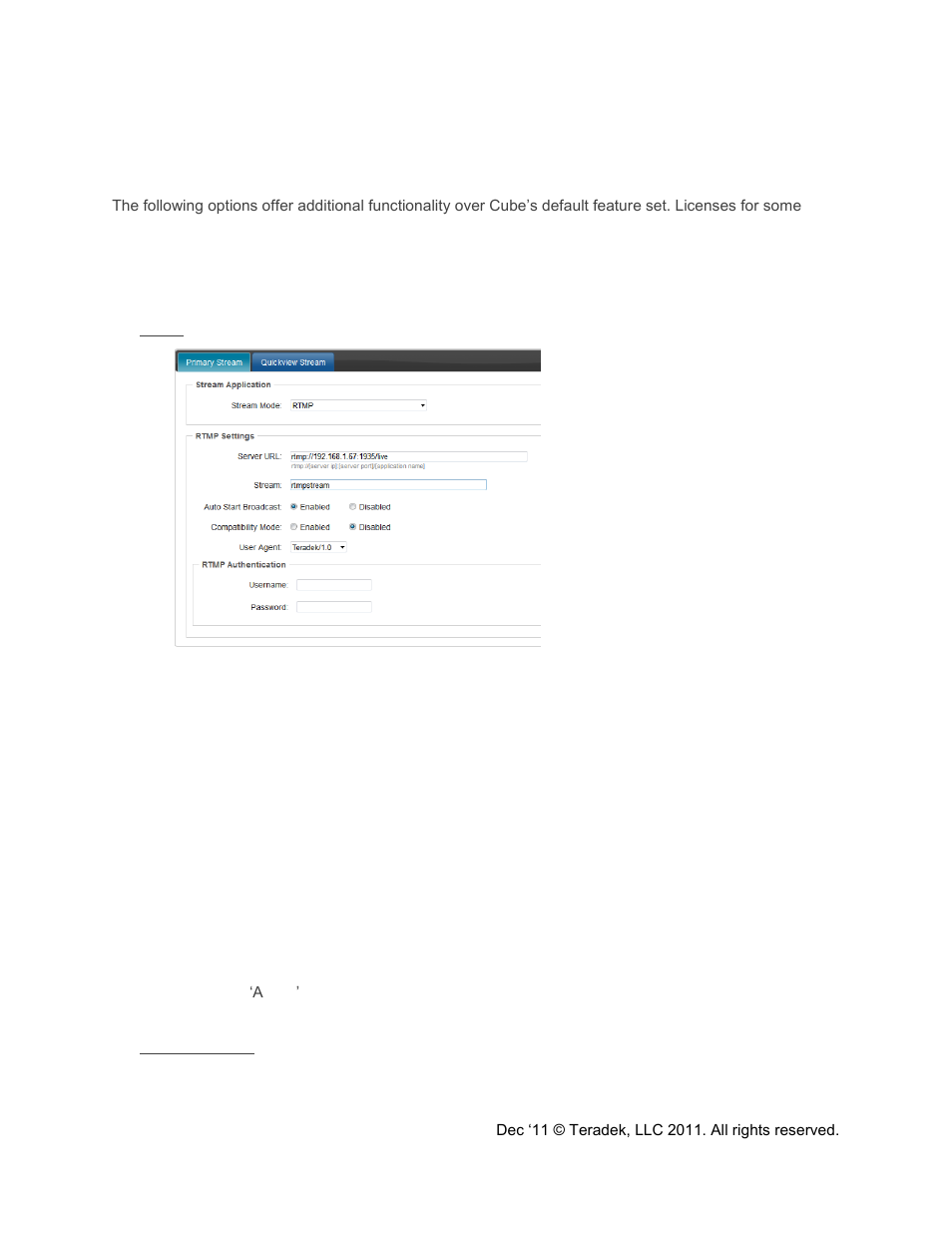 Advanced and/or activatable applications, Rtsp announce, Er to advanced and/or activatable applications , p | N advanced and/or | Teradek Cube Reference Guide User Manual | Page 30 / 40