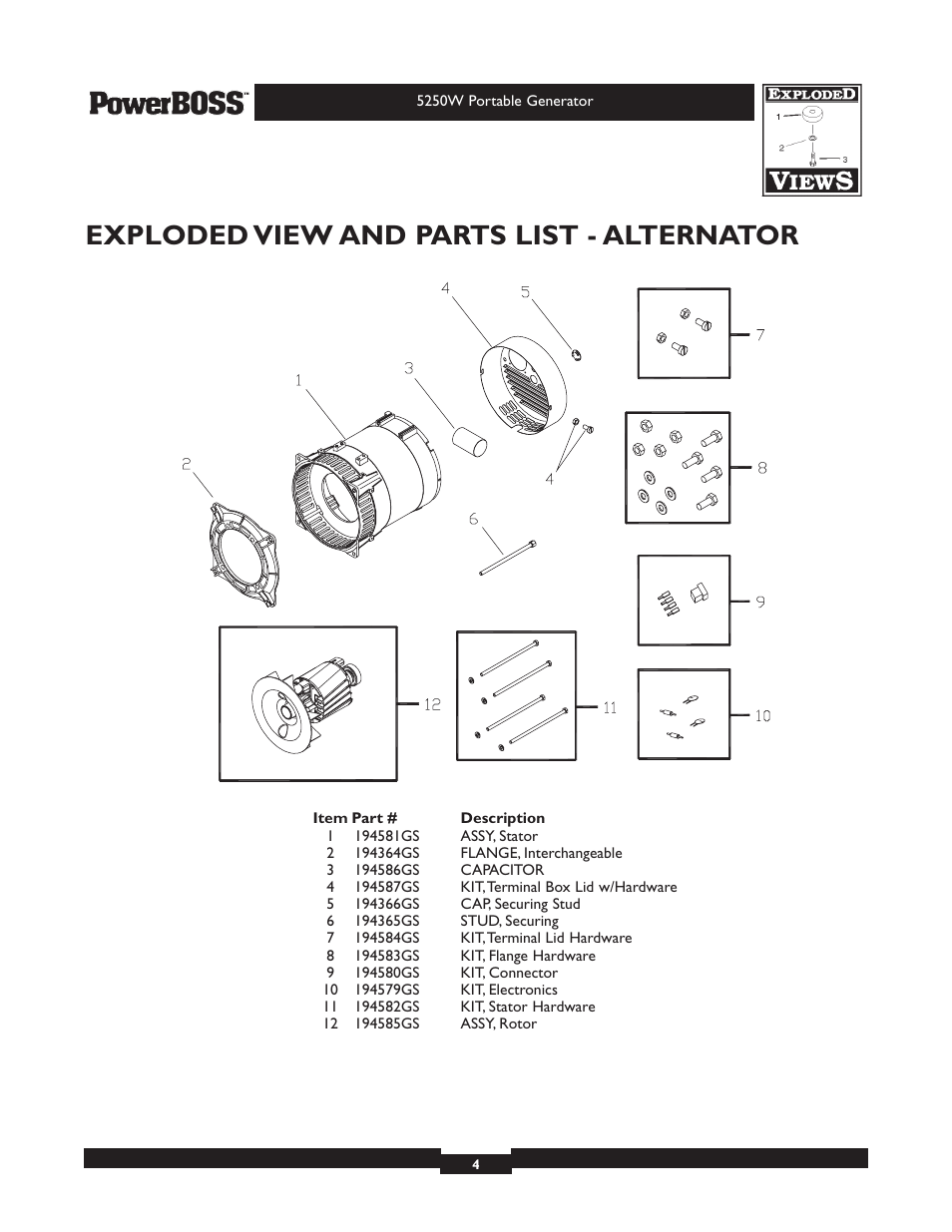 Exploded view and parts list - alternator | Briggs & Stratton PowerBoss 030217 User Manual | Page 4 / 5