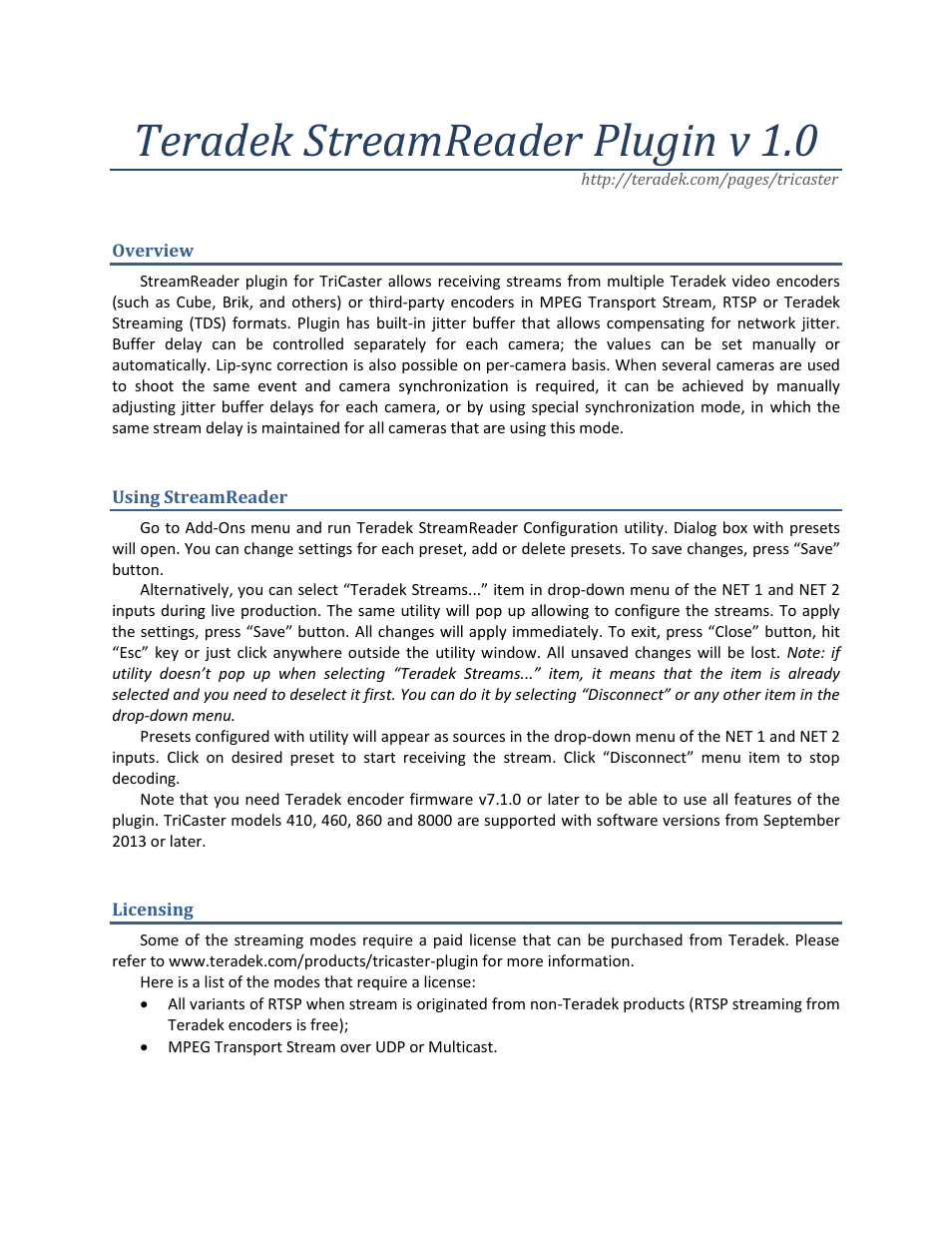 Teradek StreamReader Plugin v 1.0 User Manual | 3 pages