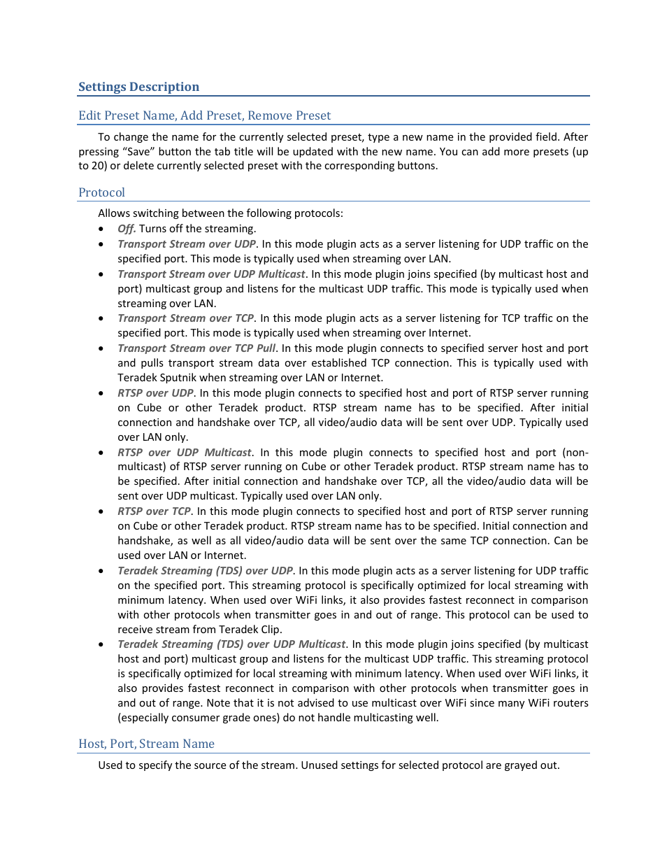 Settings description, Edit preset name, add preset, remove preset, Protocol | Host, port, stream name | Teradek StreamReader Plugin v 1.0 User Manual | Page 2 / 3