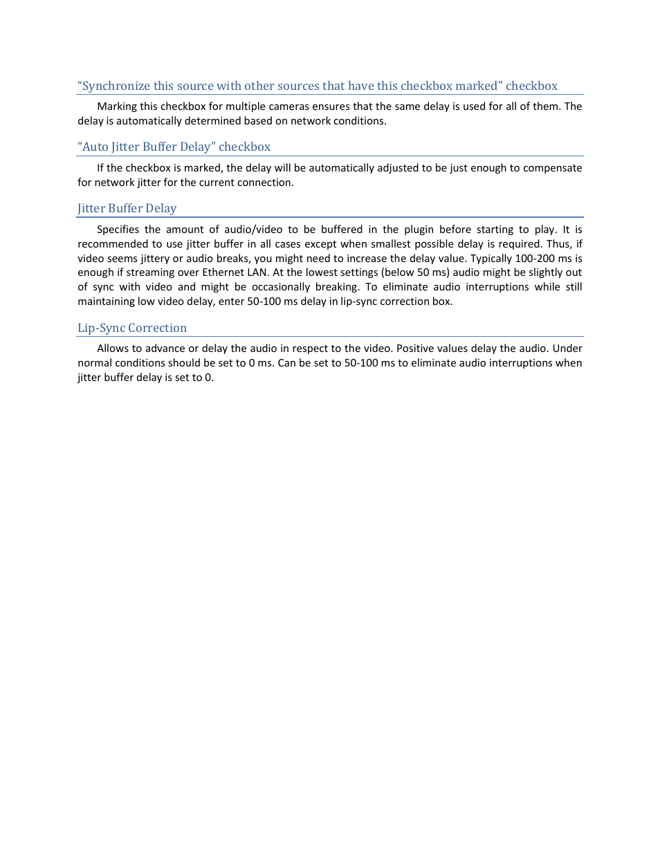Auto jitter buffer delay” checkbox, Jitter buffer delay, Lip-sync correction | Teradek StreamReader Plugin v 1.0 User Manual | Page 3 / 3
