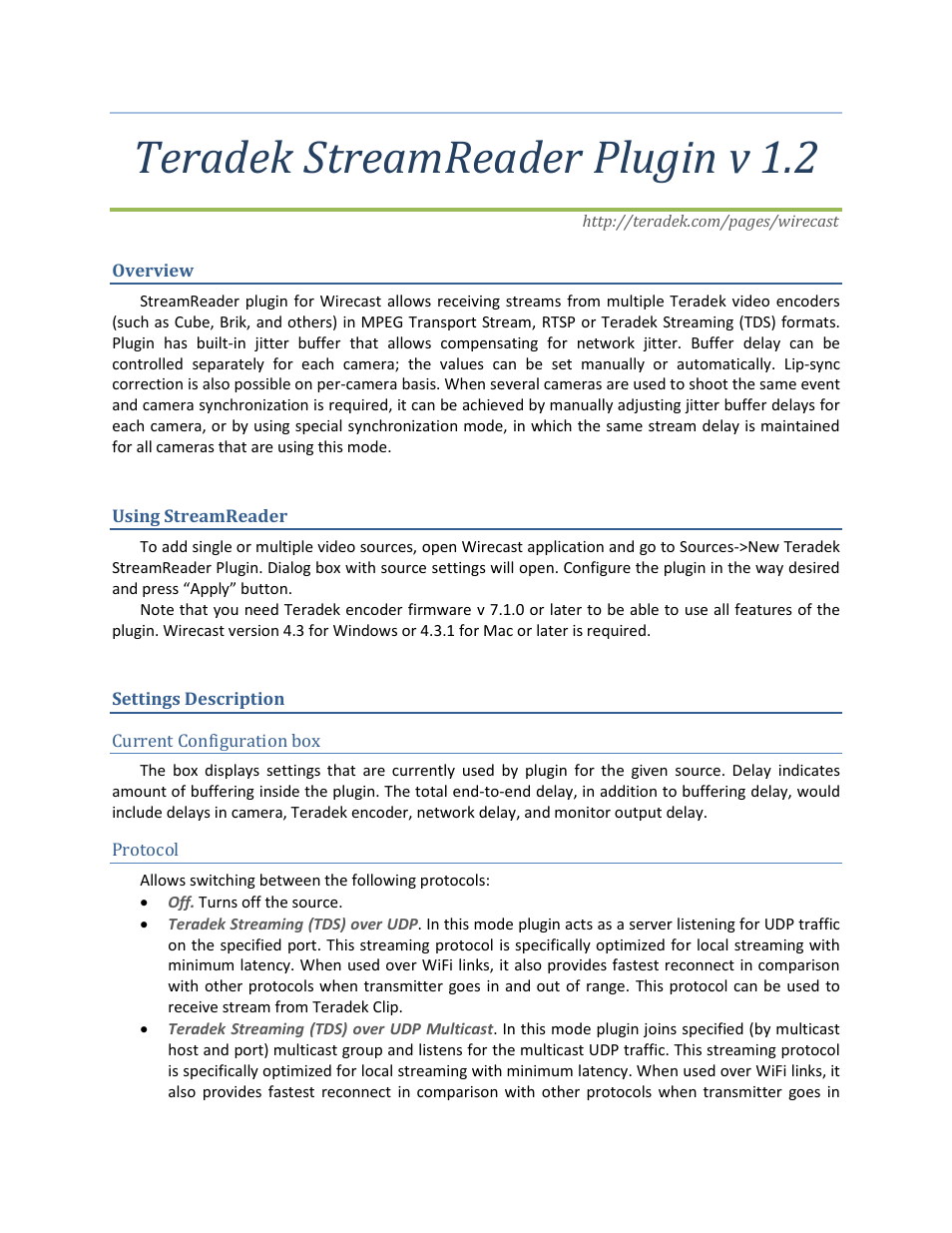 Teradek StreamReader Plugin v 1.2 User Manual | 2 pages