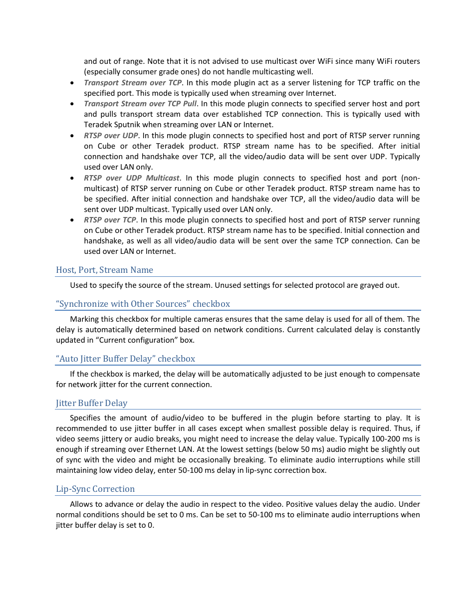 Host, port, stream name, Synchronize with other sources” checkbox, Auto jitter buffer delay” checkbox | Jitter buffer delay, Lip-sync correction | Teradek StreamReader Plugin v 1.2 User Manual | Page 2 / 2