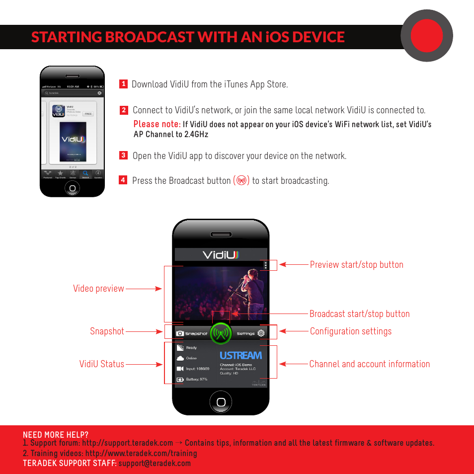 Starting broadcast with an ios device | Teradek VidiU User Manual | Page 2 / 2