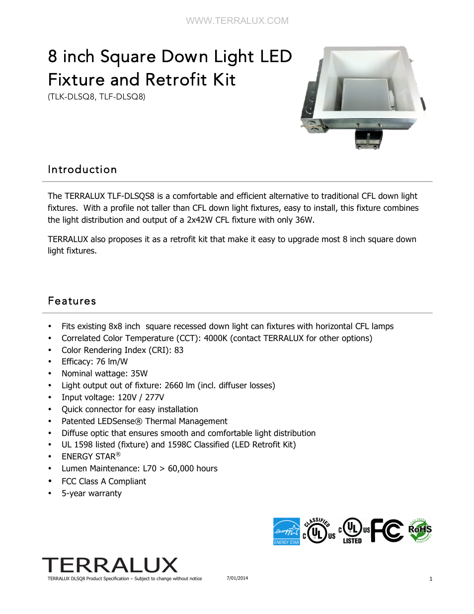 TERRALUX DLSQ8 Spec Sheet User Manual | 6 pages