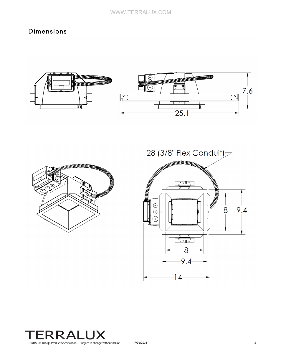Dimensions | TERRALUX DLSQ8 Spec Sheet User Manual | Page 4 / 6