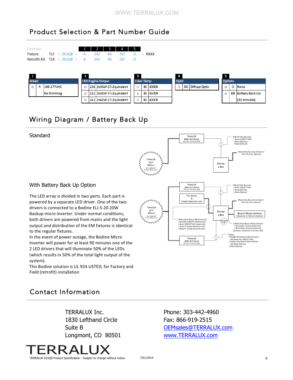 Product selection & part number guide, Wiring diagram / battery back up, Contact information | TERRALUX DLSQ8 Spec Sheet User Manual | Page 6 / 6