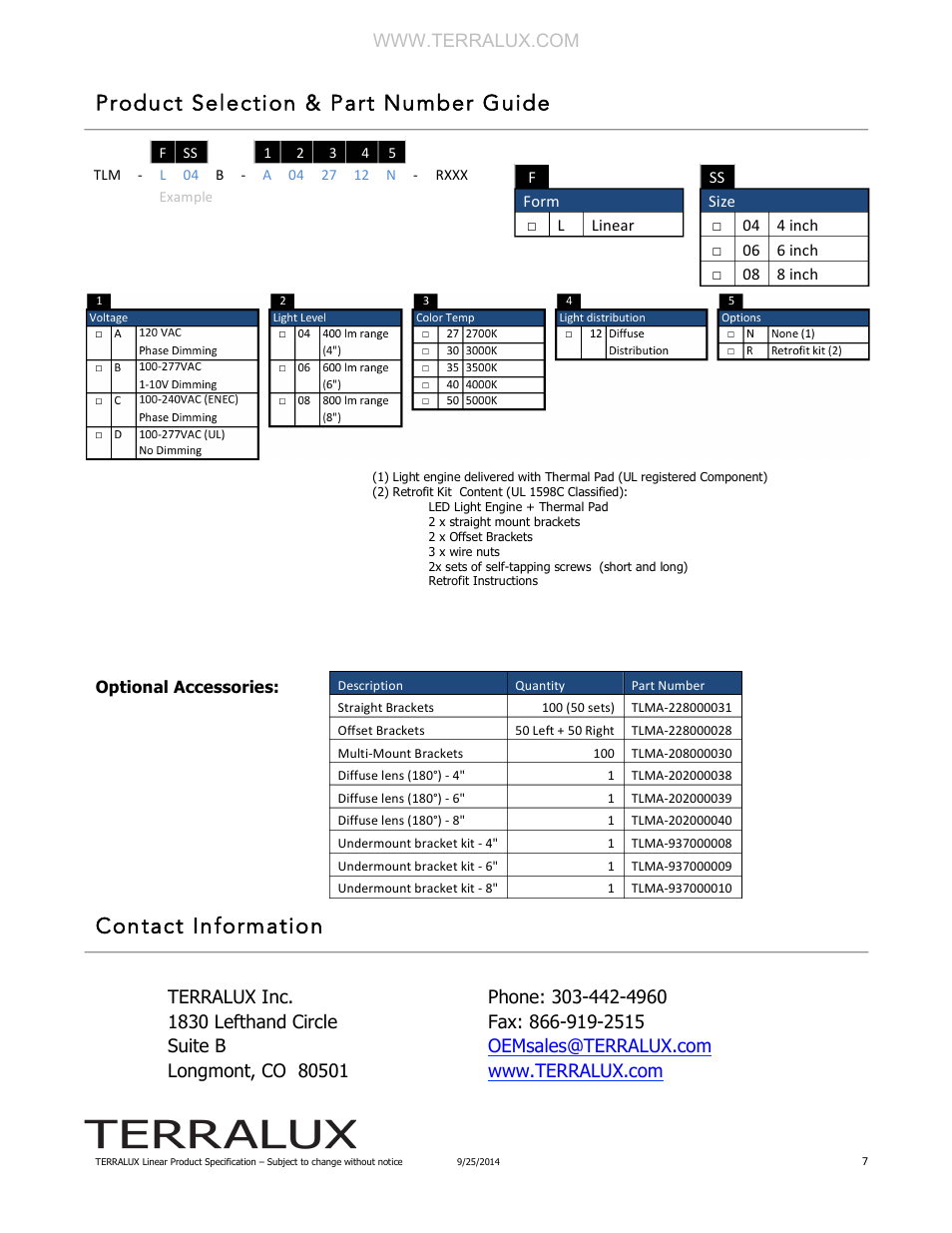 Product selection & part number guide, Contact information | TERRALUX L04 User Manual | Page 7 / 7
