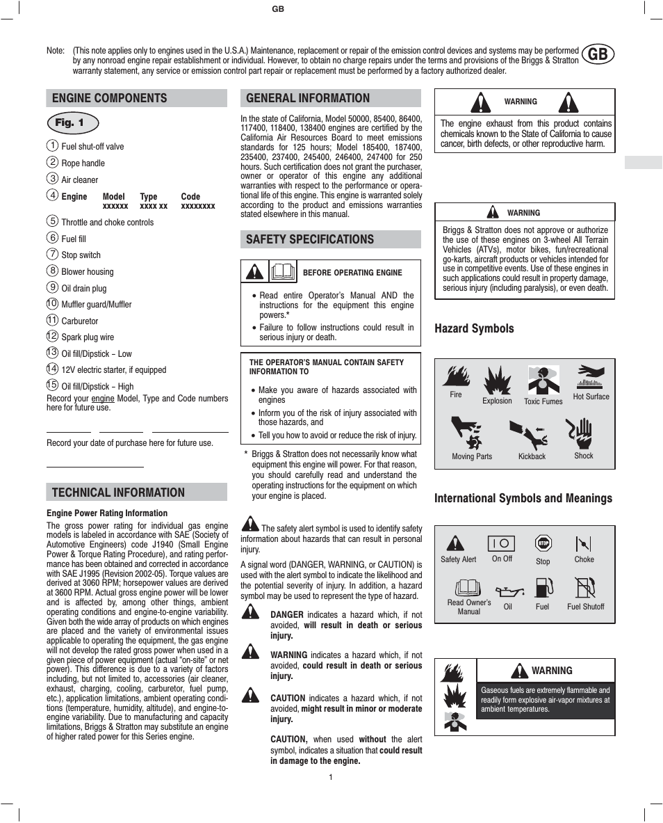 Engine components, Technical information, General information | Safety specifications, Hazard symbols, International symbols and meanings | Briggs & Stratton 247400 User Manual | Page 3 / 10