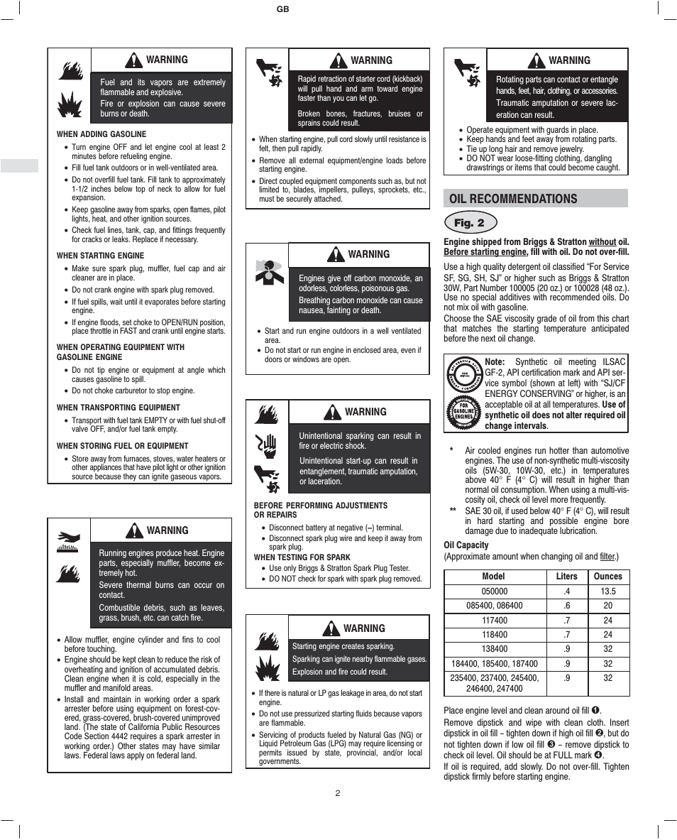 Oil recommendations | Briggs & Stratton 247400 User Manual | Page 4 / 10