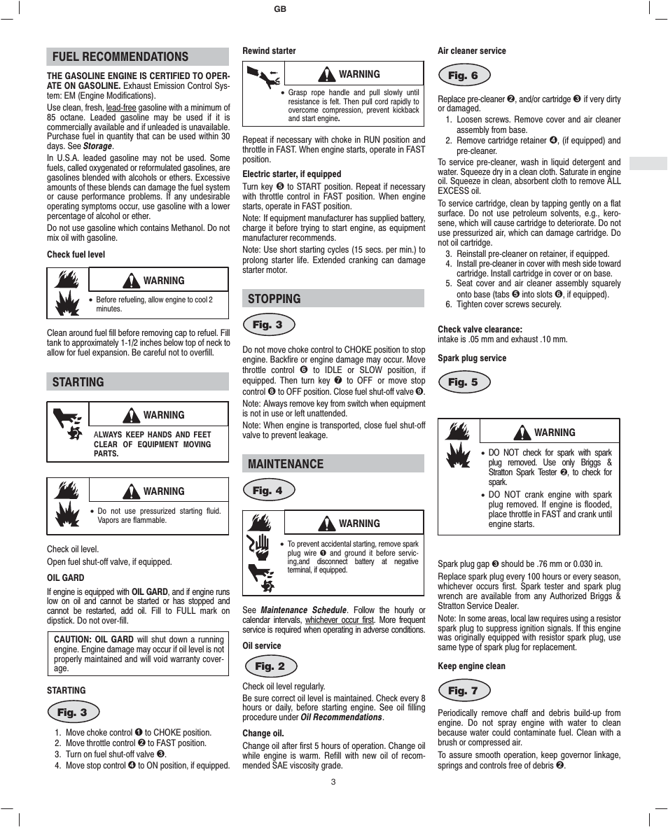 Fuel recommendations, Starting, Stopping | Maintenance | Briggs & Stratton 247400 User Manual | Page 5 / 10