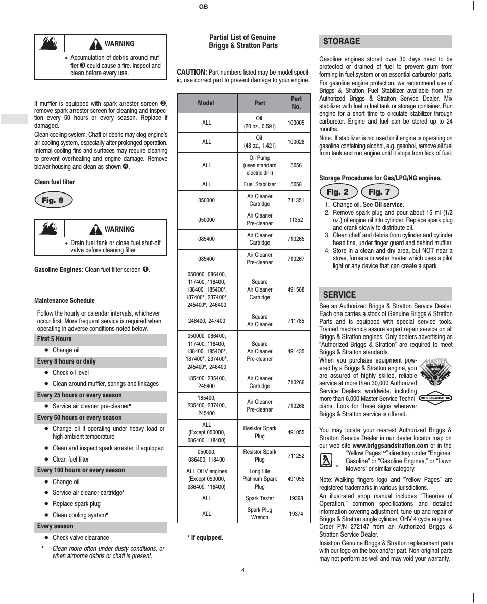 Storage, Service | Briggs & Stratton 247400 User Manual | Page 6 / 10