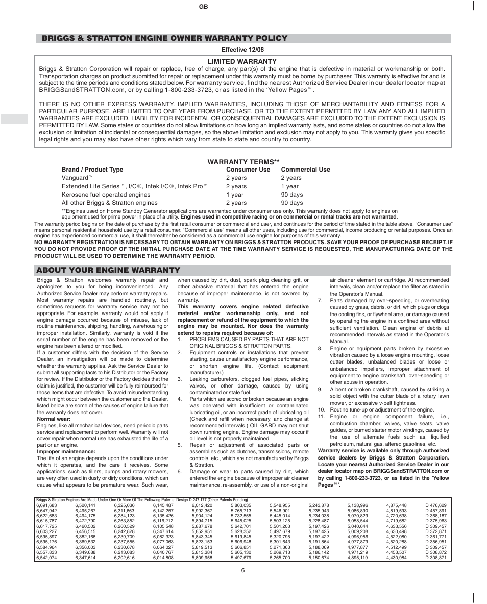 Briggs & stratton engine owner warranty policy, About your engine warranty, Limited warranty | Warranty terms | Briggs & Stratton 247400 User Manual | Page 8 / 10