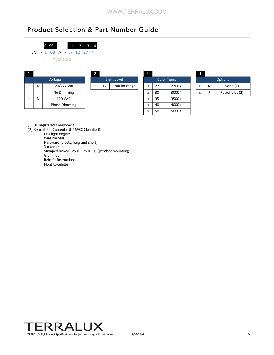 Product selection & part number guide | TERRALUX SR8 Spec Sheet User Manual | Page 5 / 6