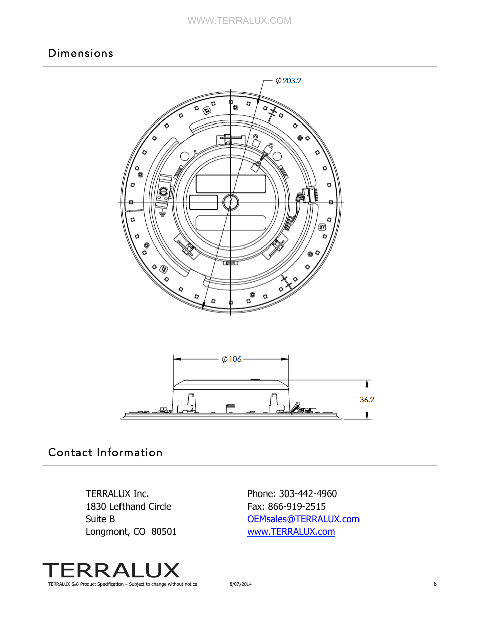 Dimensions contact information | TERRALUX SR8 Spec Sheet User Manual | Page 6 / 6